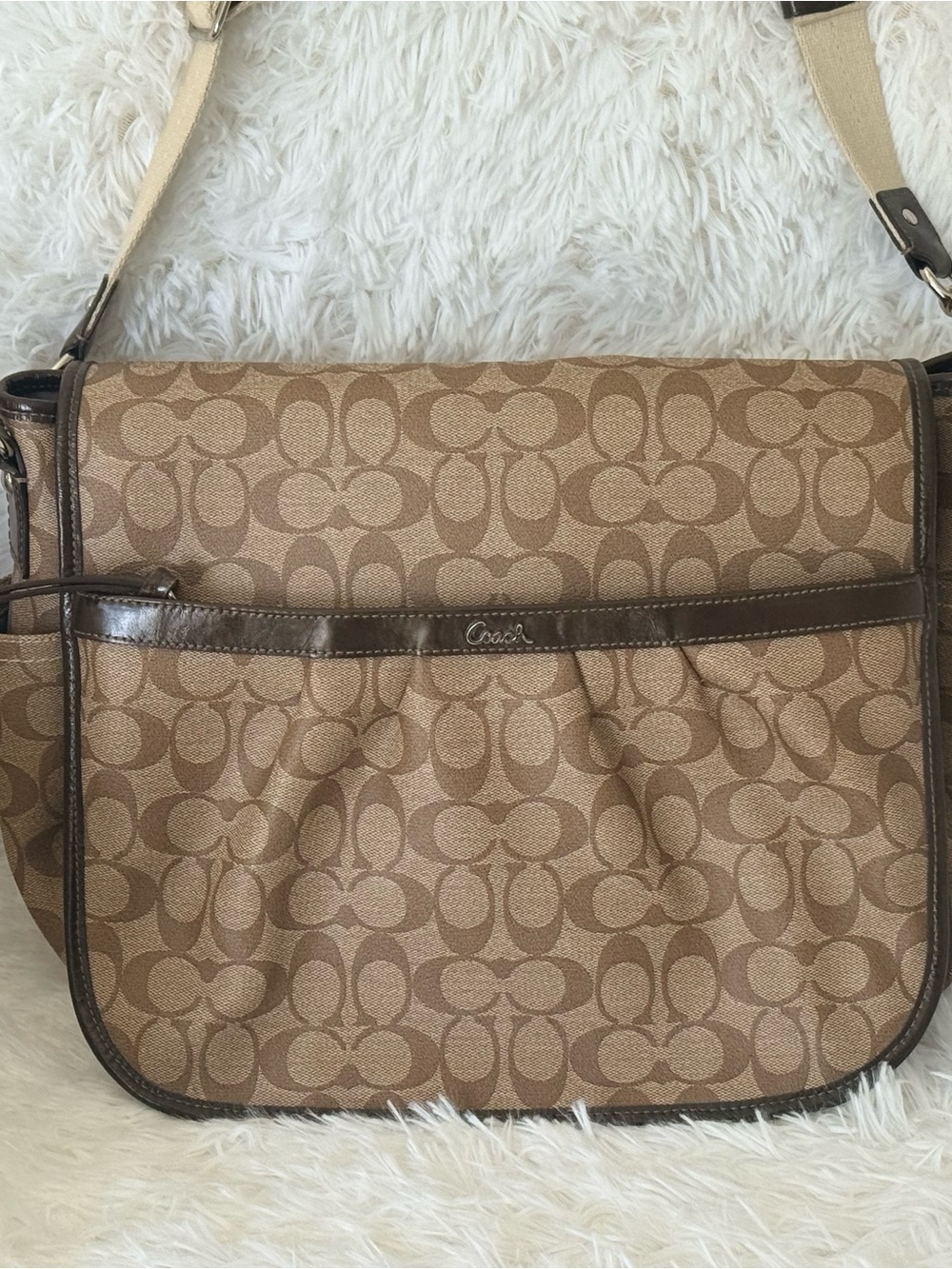 Coach Khaki and Brown Signature Crossbody Messenger/Saddle Bag